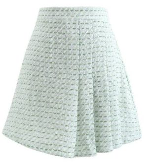 Green Front Pleated Hem Tweed Mini Skirt