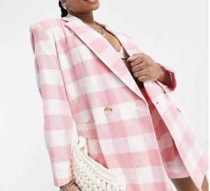 ASOS DESIGN Petite linen check double breasted suit blazer in check in pink