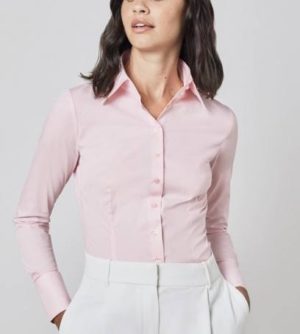 Women’s Fitted Shirt with High Long Collar and Single Cuff in Light Pink