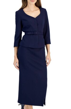 3/4-Sleeve Belted Jacket & Midi Skirt (Navy)