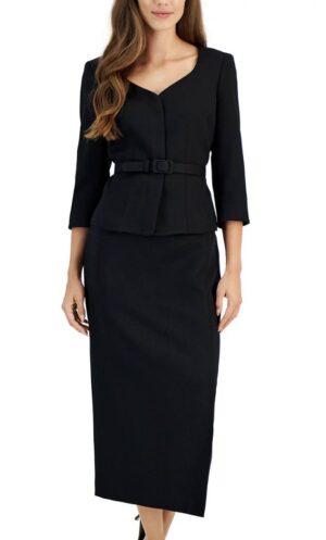 3/4-Sleeve Belted Jacket & Midi Skirt (Black)